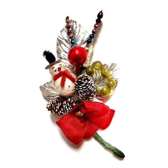 Vintage Christmas Corsage Spun Cotton Snowman Mercury Glass Beads - Picture 1 of 6